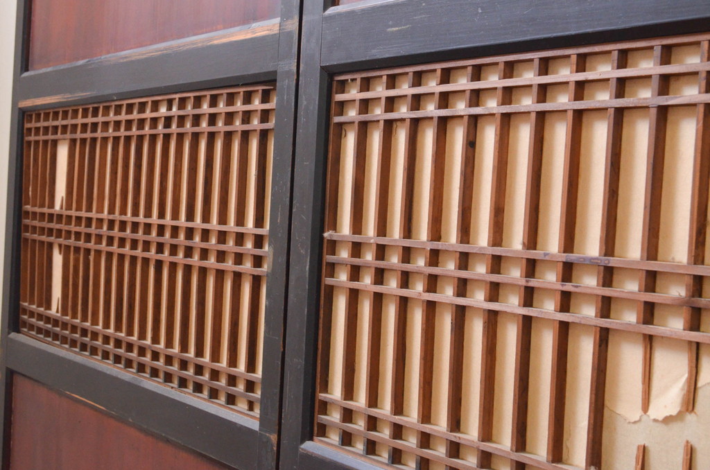 アンティーク建具　和の情緒を演出する障子帯戸4枚セット(引き戸、板戸、障子戸)(R-072538)