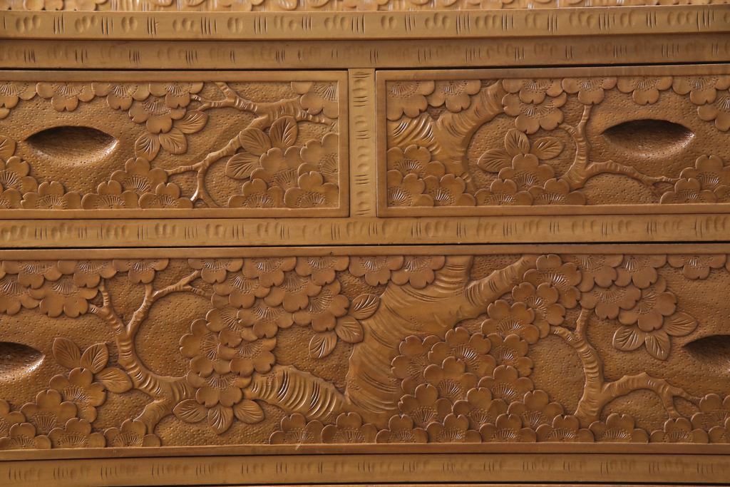 中古　美品　軽井沢彫り　伝統工芸　咲き誇る桜の彫刻が美しいドレッシングチェスト(ドレッサー、鏡台、引き出し、ミラー)(R-055461)