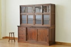 アンティーク家具　アンティーク 古いナラ材の極めて上質な二段重ね大型食器棚