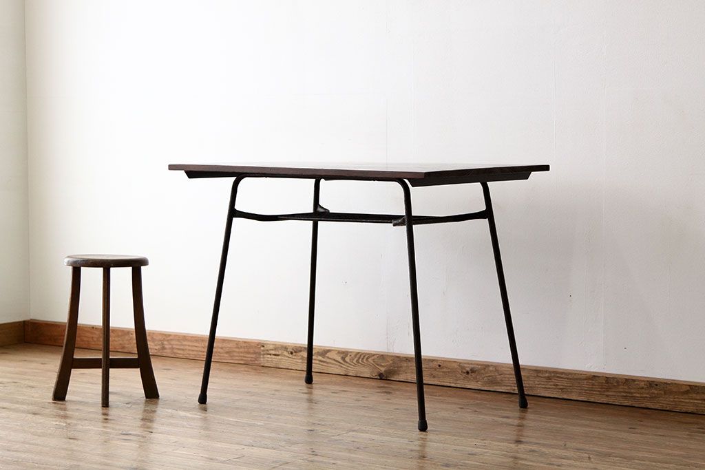 レトロ家具 アンティーク 天板無垢板の鉄脚テーブル(4)アイアン作業台