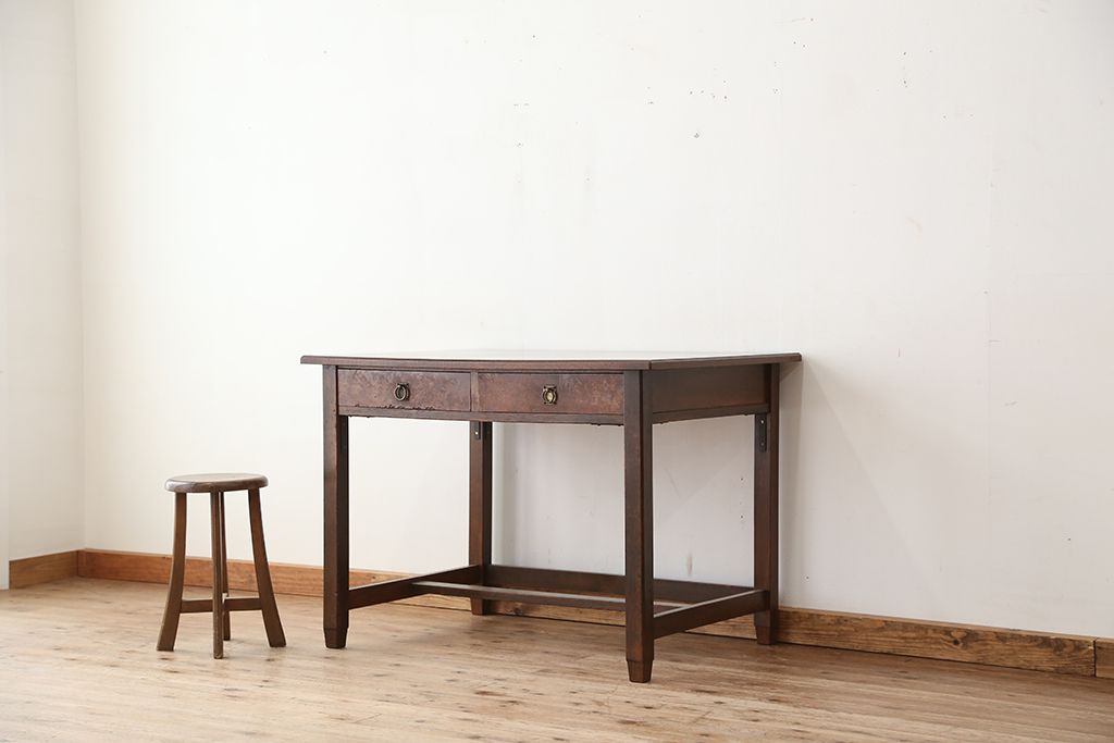 レトロ家具 昭和レトロ 古い木のかわいいアンティーク平机(テーブル