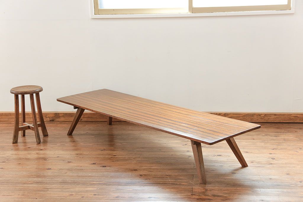 レトロ家具　昭和レトロ 折り畳み式!古い木の横長テーブル(3)