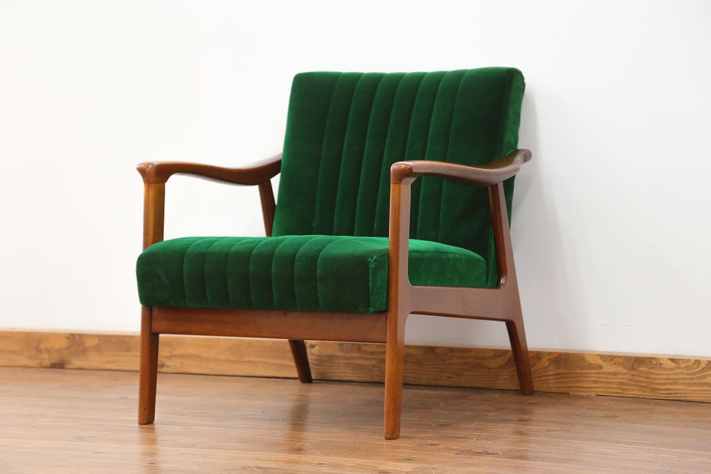 レトロ家具　昭和レトロ グリーン座面のアームチェア(1)(椅子、1人掛けソファ、イス)