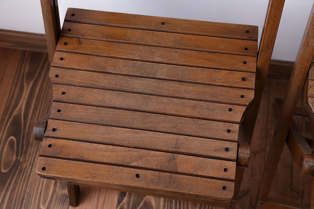 アンティーク家具　イギリスアンティーク　古い木製のフォールディングチェア2脚セット(3)