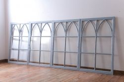 アンティーク　ブルーグレーペイントのガラス戸4枚セット(窓)