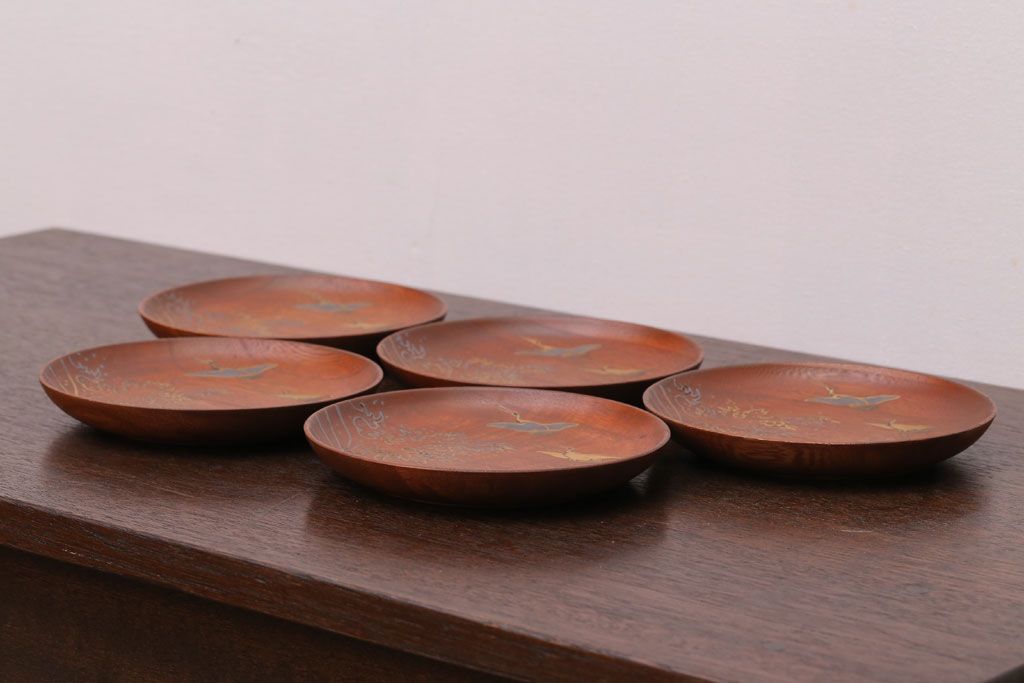アンティーク雑貨　アンティーク　桐製　鶴蒔絵菓子皿5枚(螺鈿)