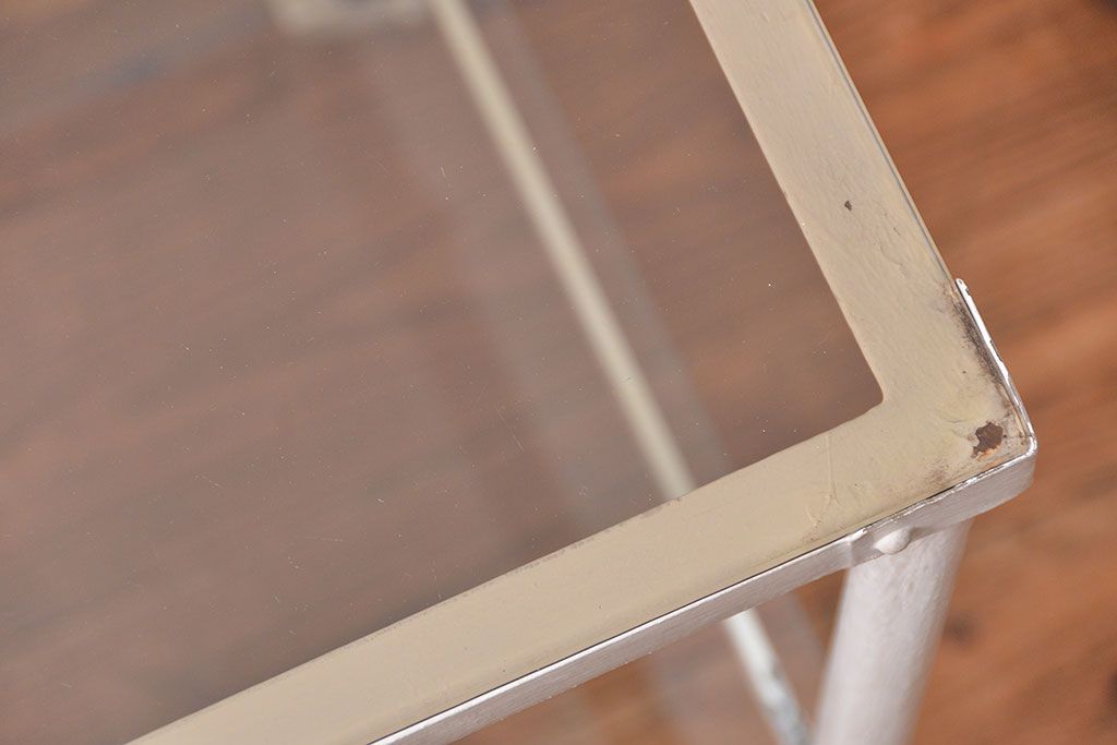 アンティーク家具　アンティーク　ガラス天板のペイントキャスターワゴン(サイドテーブル・キッチンワゴン)