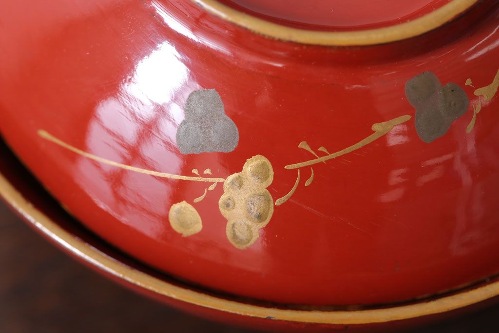 和製アンティーク　花鳥柄の朱塗り椀5客セット