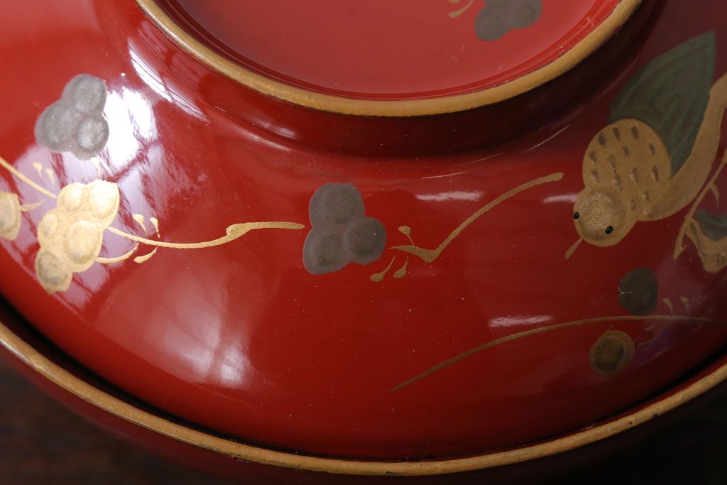 和製アンティーク　花鳥柄の朱塗り椀5客セット(2)