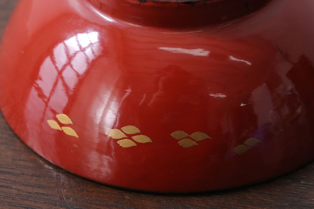 和製アンティーク　花鳥柄の朱塗り椀5客セット(2)