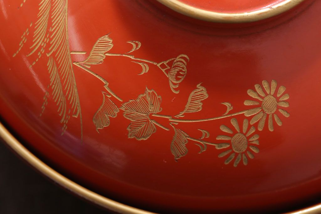 和製アンティーク　上品な花鳥柄の沈金朱塗椀5客セット(2)