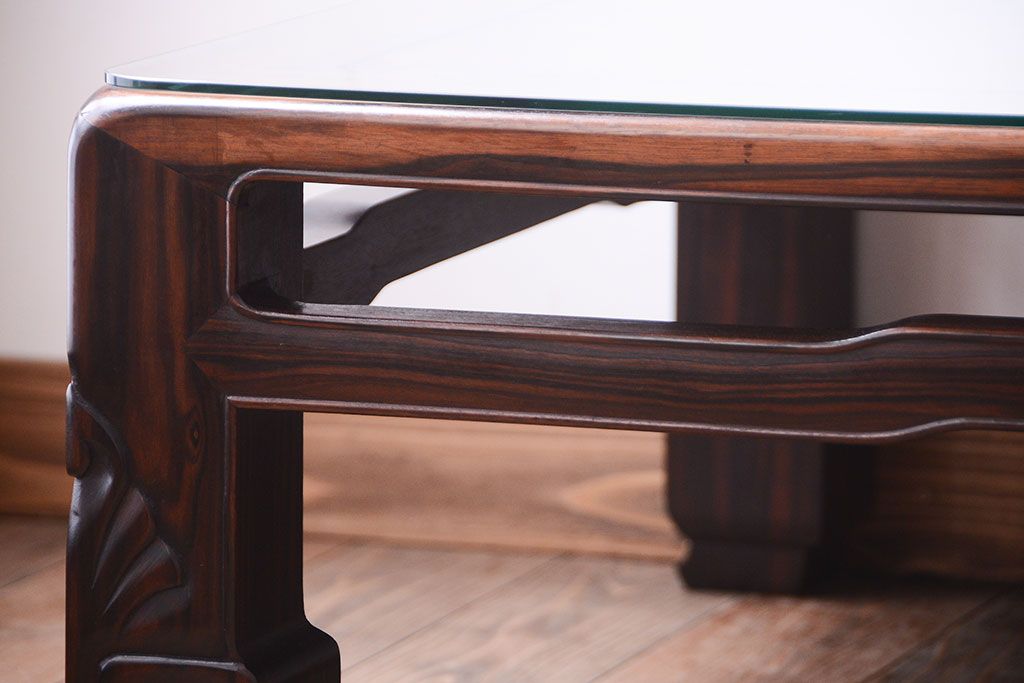 アンティーク家具　和製アンティーク　ガラス天板付き!縞黒檀材の古い座卓