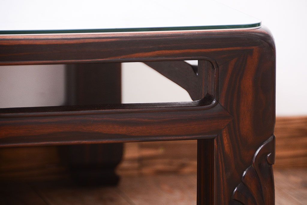 アンティーク家具　和製アンティーク　ガラス天板付き!縞黒檀材の古い座卓