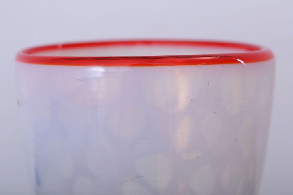 アンティーク雑貨　アンティーク　当時物　赤縁乳白水玉氷コップ(2)