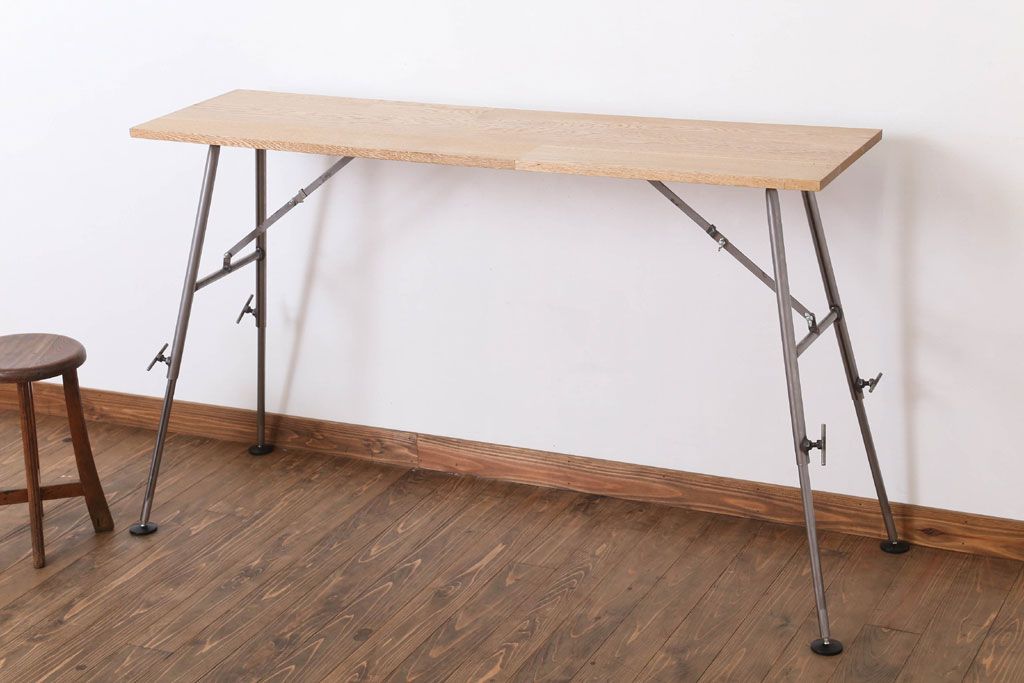 ラフジュ工房オリジナル　鉄脚　ナラ材製折りたたみテーブル(作業台)(3)