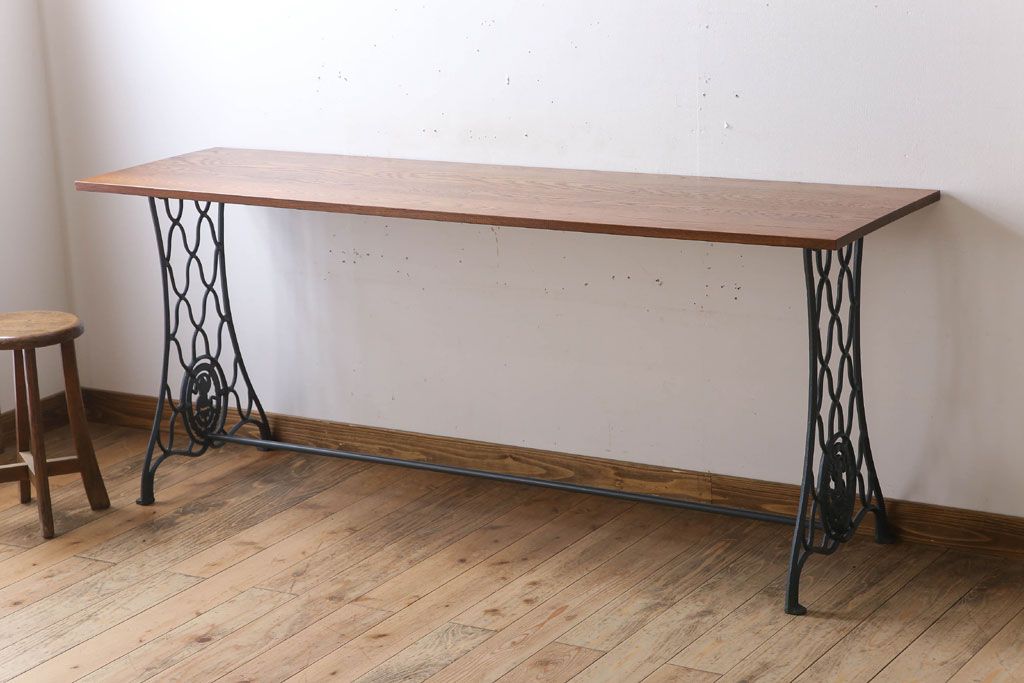 アンティーク家具 シンガーミシン オーク材天板!アンティークの鉄脚テーブル(ミシンテーブル、ミシン台)(3) | ラフジュ工房
