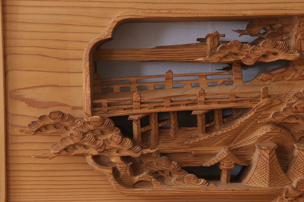 在名　古民具・骨董　近江八景　古い杉材製彫刻欄間一対