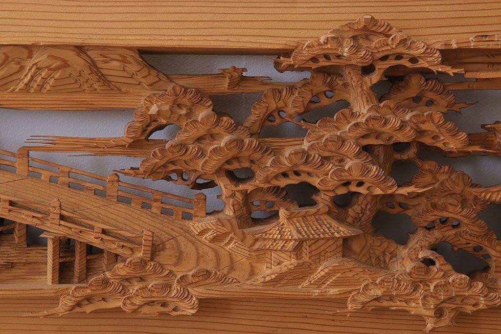 在名　古民具・骨董　近江八景　古い杉材製彫刻欄間一対