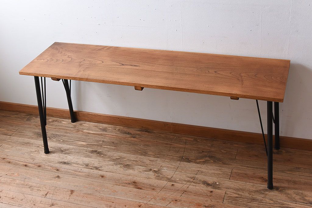 アンティーク家具　天板一枚板　欅材　シンプルな鉄脚テーブル