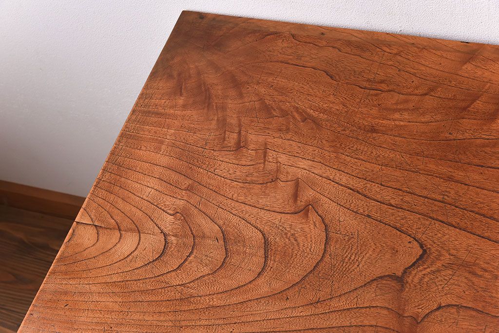 アンティーク家具　天板一枚板　欅材　シンプルな鉄脚テーブル