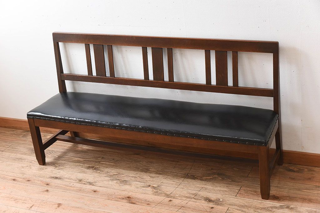 レトロ家具　ナラ材　昭和レトロ　古い木製のアンティークソファベンチ(長椅子)