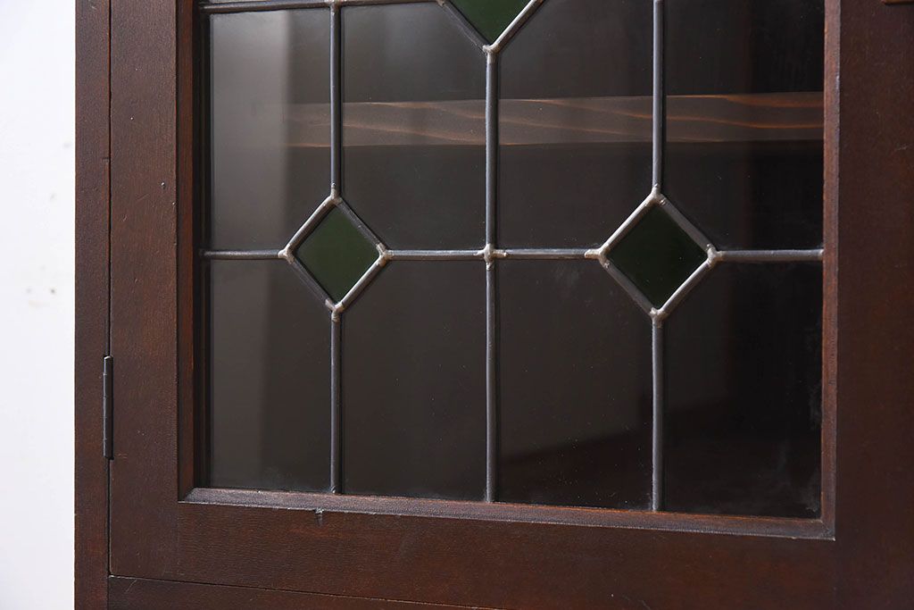 アンティーク家具　ラフジュ工房オリジナルステンドグラス　ナラ材製　脚付き　ステンドグラス扉のアンティークキャビネット