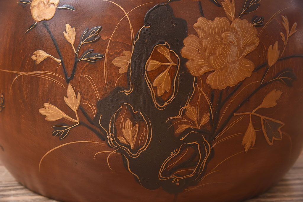 アンティーク雑貨　古民具・骨董　栃の木　木製　蒔絵が美しい刳り貫き火鉢