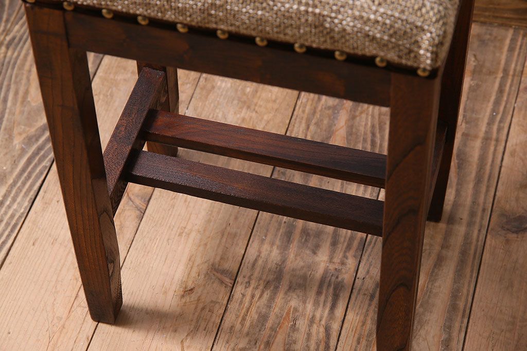 アンティーク家具　欅材　古い木製のクッション座面角スツール