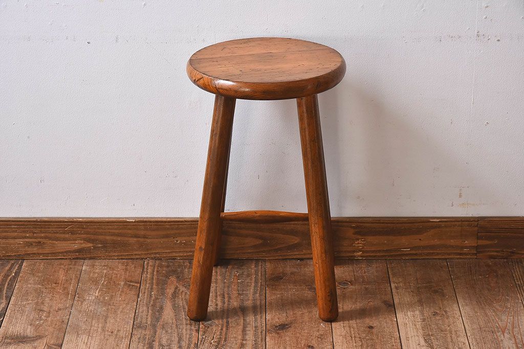 レトロ家具　昭和レトロ　パイン材　古い木の質感が味のある丸型スツール(椅子、チェア)