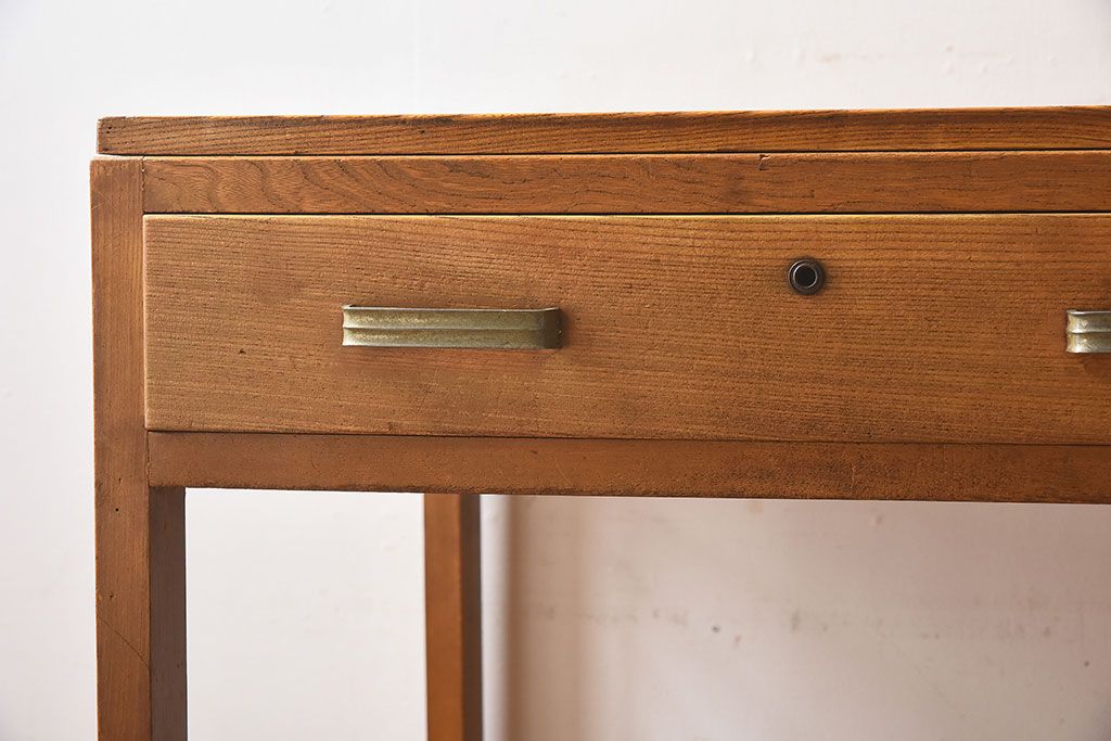 レトロ家具　昭和レトロ　古い木の質感が味わい深い薄型片袖机(デスク、在宅ワーク、在宅用学習机)