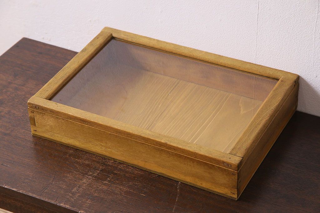アンティーク雑貨　昭和レトロ　古い木製のアンティークコレクションボックス(ガラスケース・収納箱)(2)