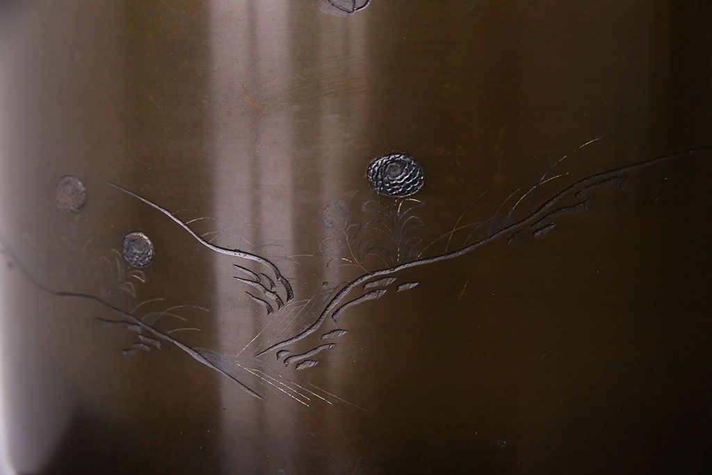 アンティーク雑貨　古民具・骨董　天巨銘　銀象嵌が美しい真鍮製火鉢(鉢カバー)(2)