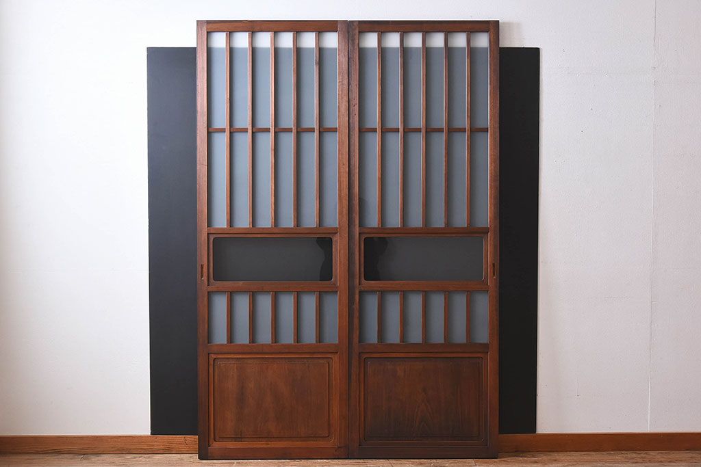 昭和レトロ　クリアガラス　すりガラスが魅力的な　檜材の格子帯戸2枚セット(格子戸、引き戸、ガラス戸、ガラス帯戸)