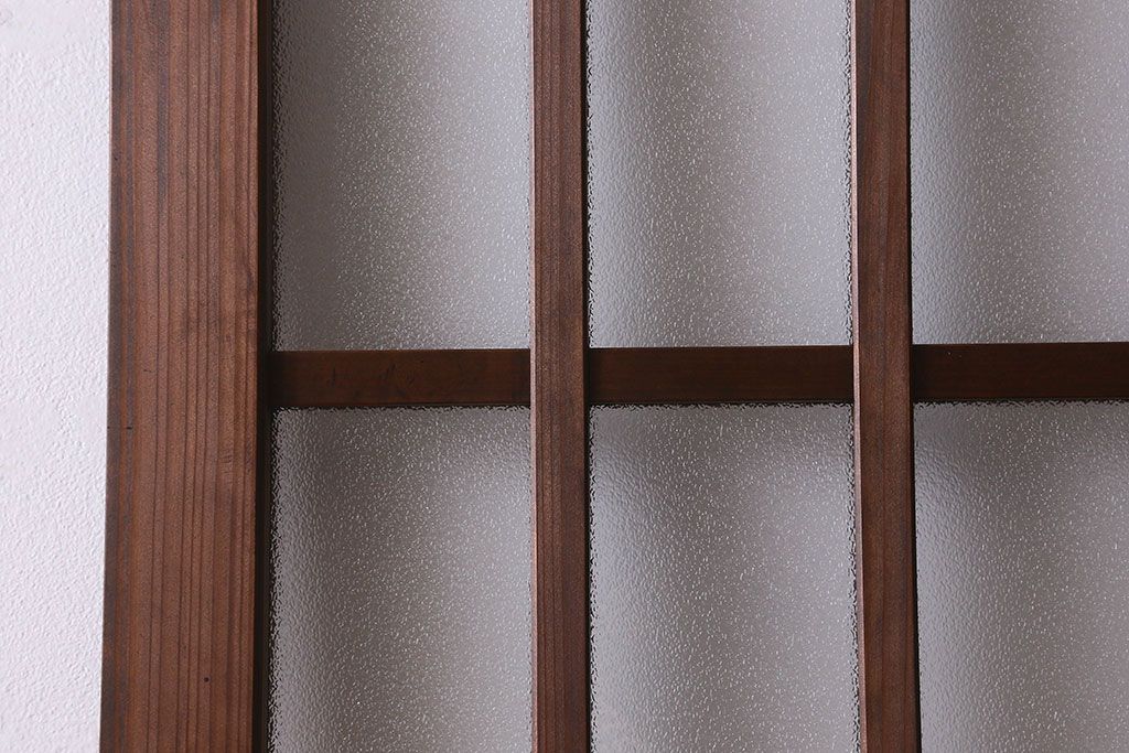 昭和レトロ　プレスガラス・すりガラス使用　ガラスのデザインが魅力的な檜材のガラス帯格子戸2枚セット(引き戸、格子戸、ガラス戸)