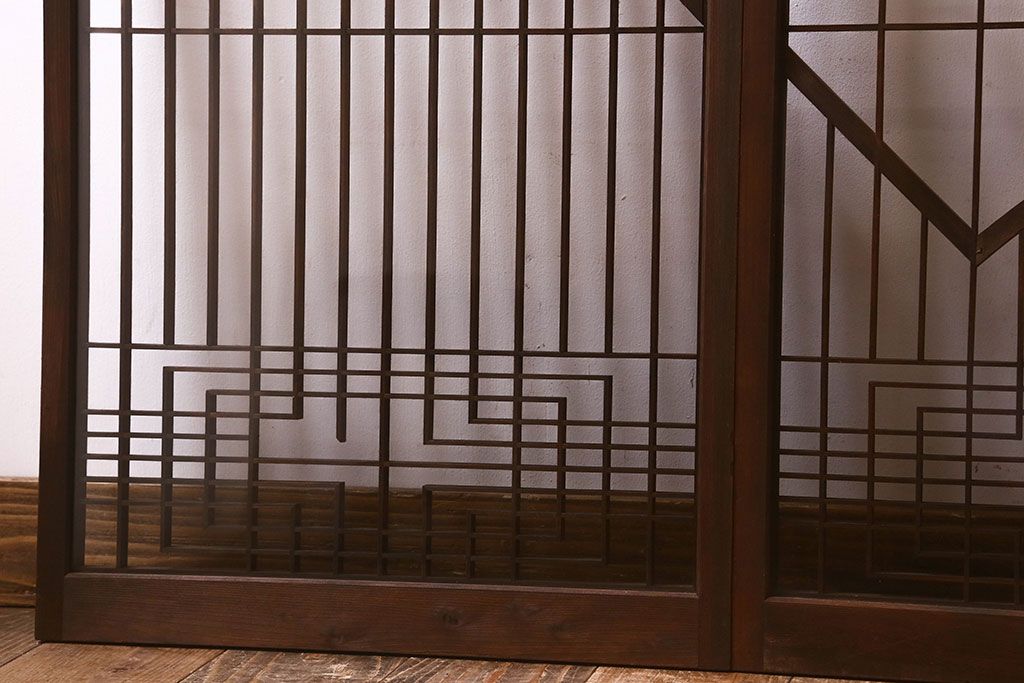 和製アンティーク　クリアガラス　組子のデザインが目を引く　大正昭和期の書院戸(明り取り、明かり取り、組子)4枚セット