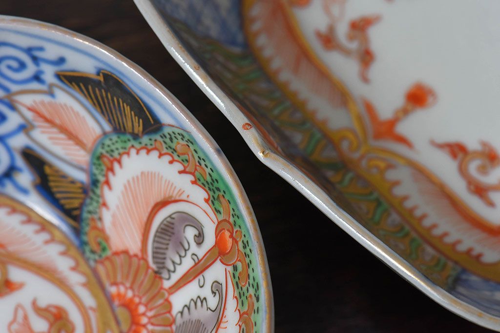 アンティーク雑貨　和製アンティーク　幕末明治期　色絵変形皿2枚セット(2)