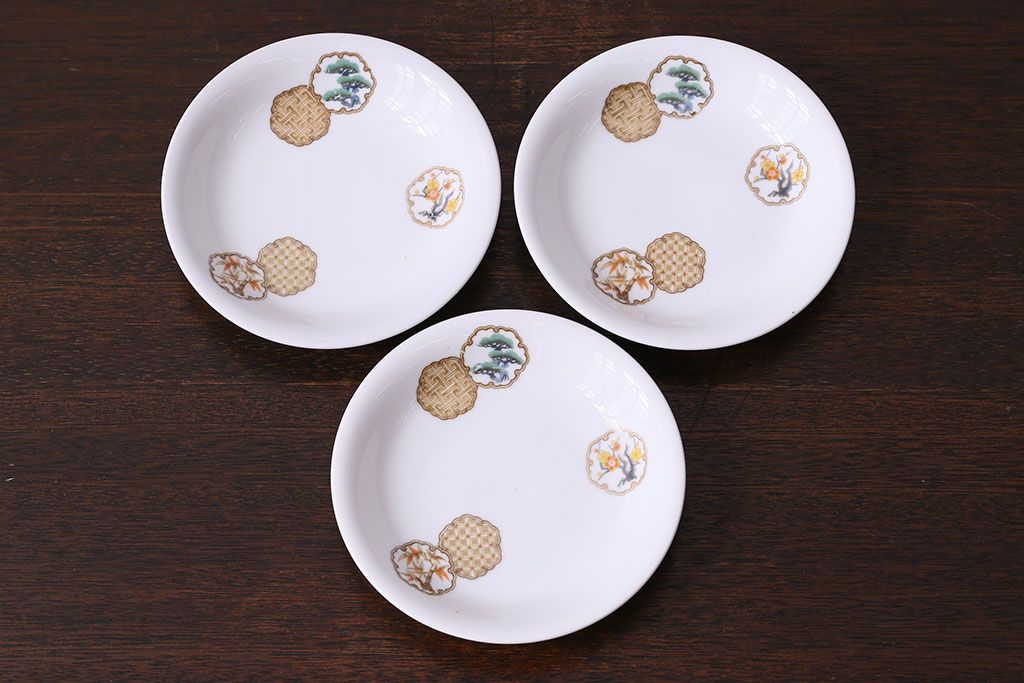 オールドノリタケ(日陶)　昭和8年　松竹梅の絵図　プレート(小皿、洋食器)3枚セット