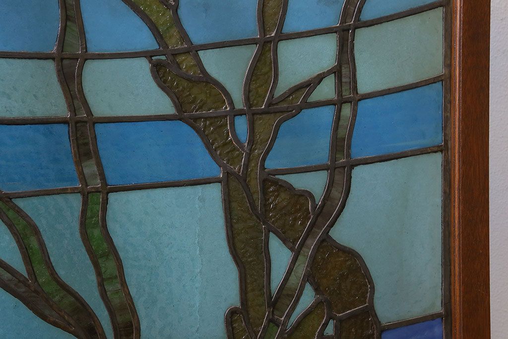 アンティーク雑貨　昭和初期　海の中にいるような図柄が素敵なステンドグラスのガラス戸(引き戸、建具)