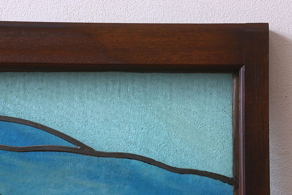 アンティーク雑貨　昭和初期　山並みが美しい　ステンドグラスのガラス戸(引き戸、建具)2枚組