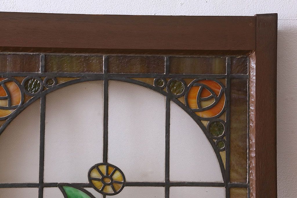 アンティーク雑貨　昭和初期　様々な花が可愛らしいステンドグラスのガラス戸(引き戸、建具)2枚組