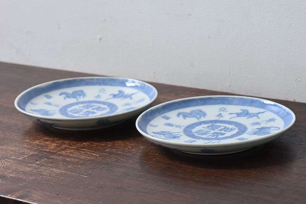 和製アンティーク　大正昭和初期　馬の図　印判皿(6寸皿、中皿)2枚セット(1)