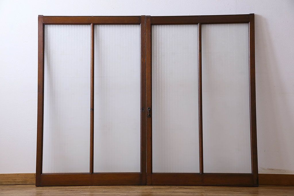 昭和レトロ　銀モールガラス入り　モダンな雰囲気のガラス戸(窓、引き戸)2枚セット