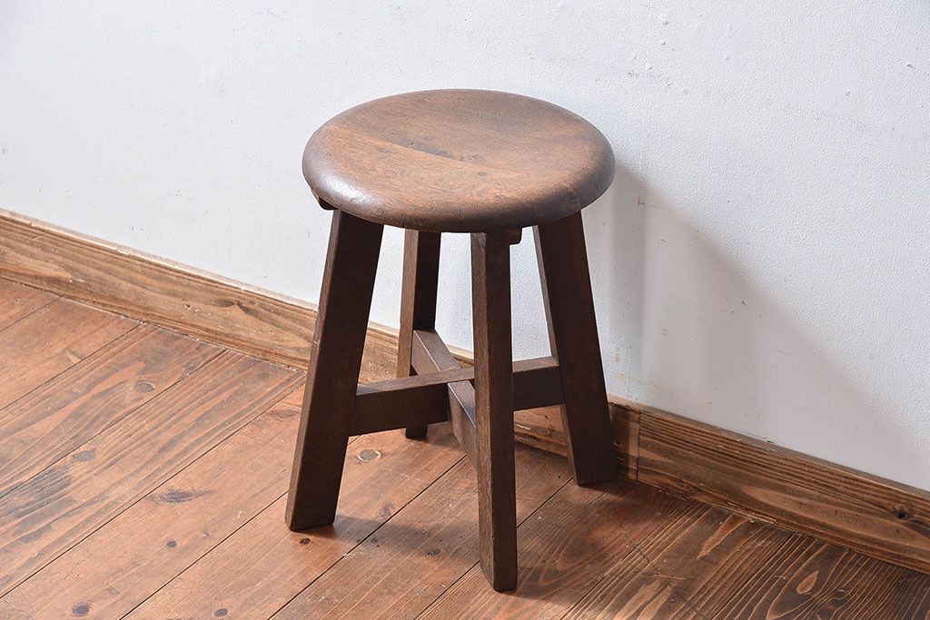 アンティーク雑貨 和製アンティーク 古いナラ材の木製スツール(丸椅子