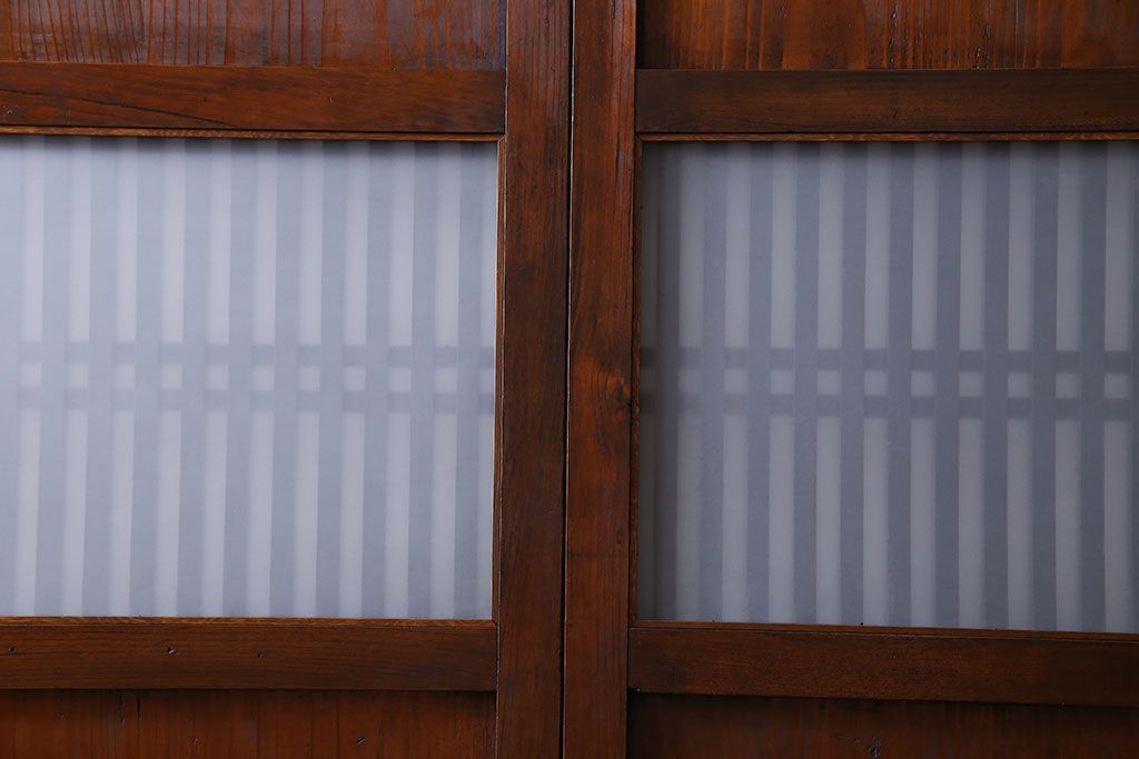 和製アンティーク　ツートンカラーが印象的なガラス入り格子帯戸(ガラス帯戸、引き戸、建具)4枚セット