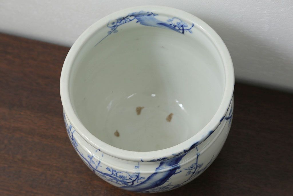 アンティーク雑貨　アンティーク 花鳥の図 染付 水鉢(手水鉢、水甕)