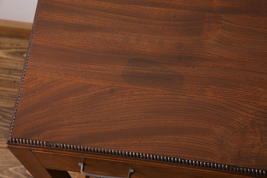 レトロ家具　昭和レトロ　天板ケヤキ材　明るい色味の薄型デスク(片袖机、在宅ワーク、在宅用ワークデスク、作業台)
