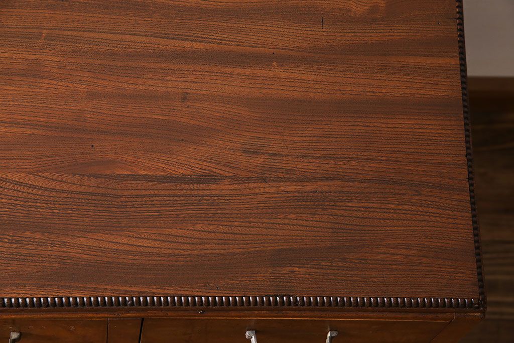 レトロ家具　昭和レトロ　天板ケヤキ材　明るい色味の薄型デスク(片袖机、在宅ワーク、在宅用ワークデスク、作業台)