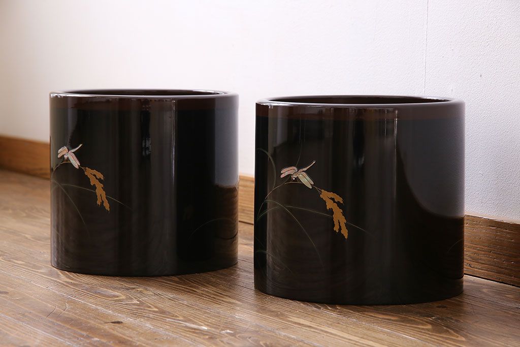 アンティーク雑貨　和製アンティーク　箱付き　螺鈿入り　上品な雰囲気漂う乾漆の火鉢2個セット