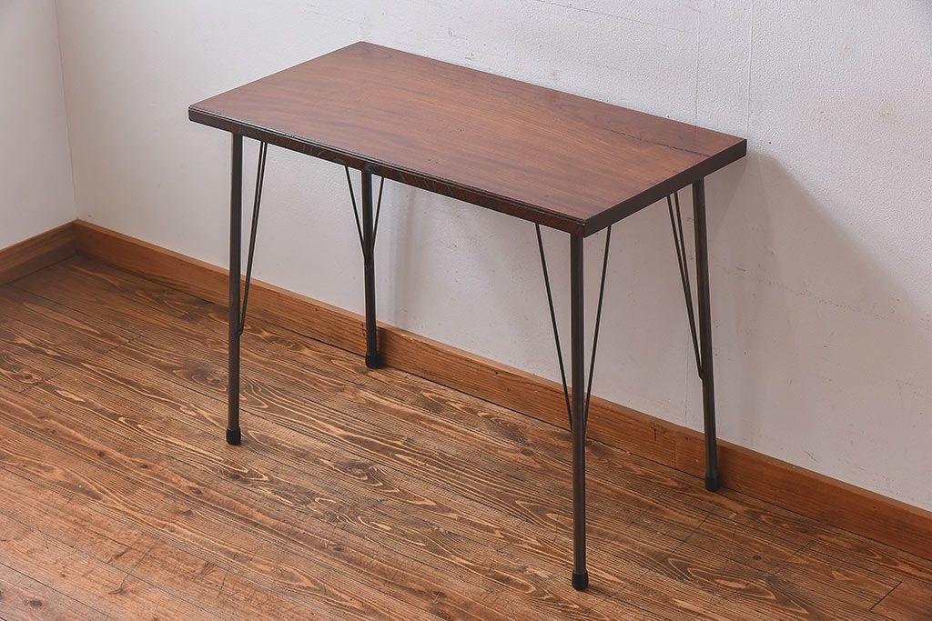 アンティーク家具　和製アンティーク　ケヤキ材一枚板!古材の質感が味わい深い鉄脚テーブル(作業台、アイアン  テーブル)(1)