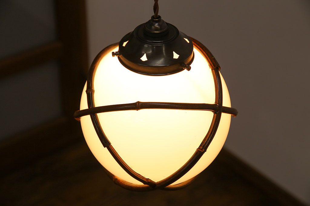 和製アンティーク　ほっこり愛らしい竹の巻かれたペンダントライト(天井照明、吊り下げ照明、シェード)